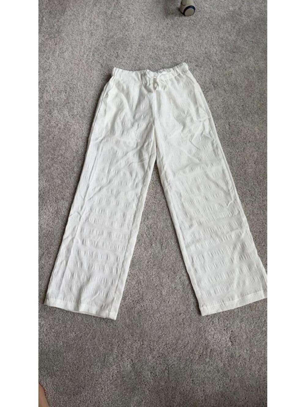 White Textured Wide-Leg Pants
